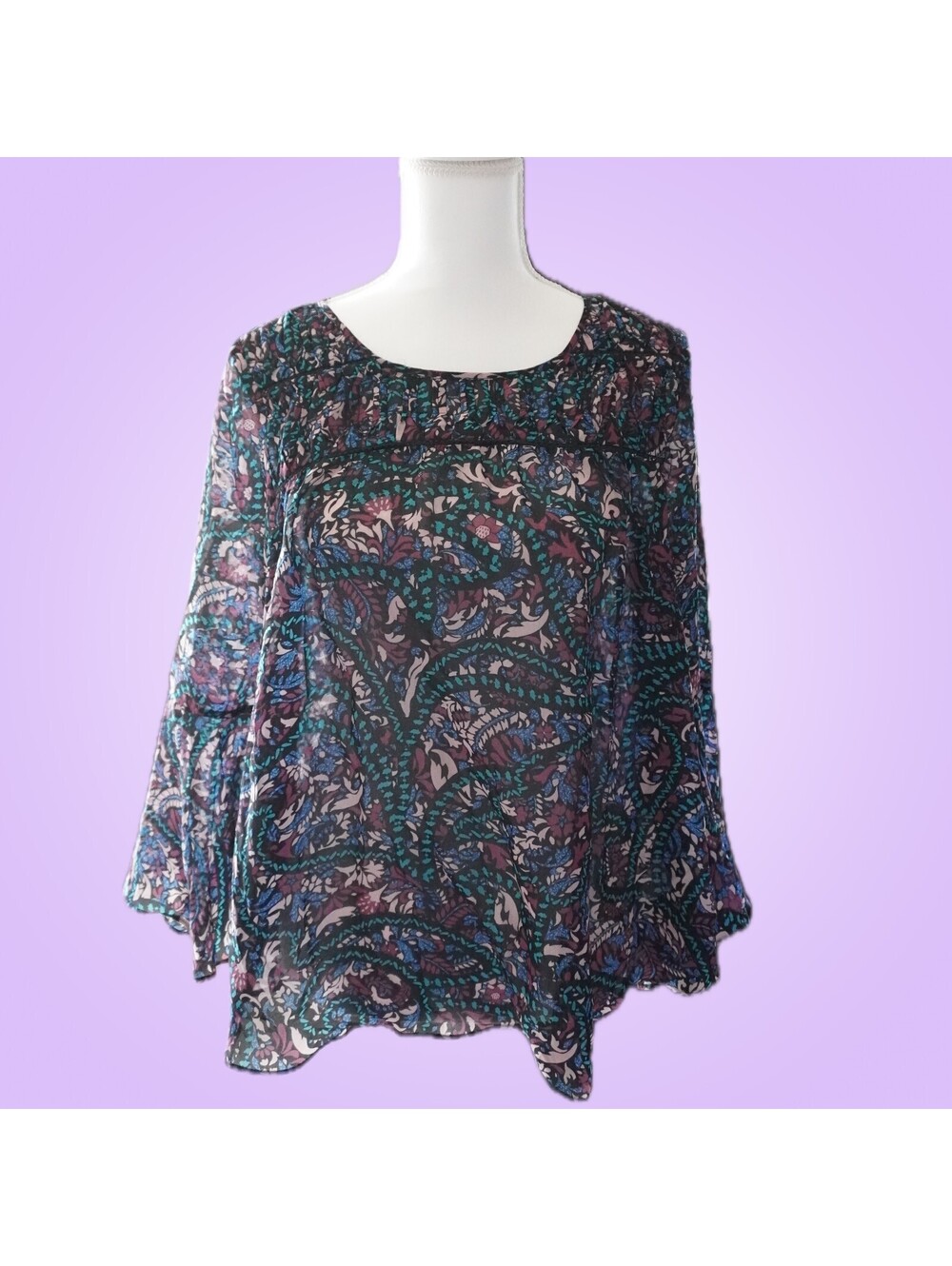 Womens Size Small Sheer Paisley Blouse by Jessica Simpson | Floral Bell Sleeve